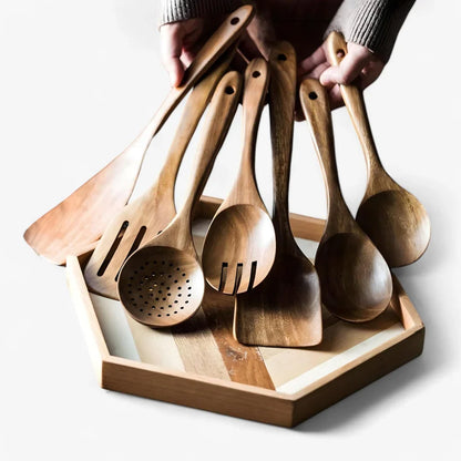 Elegant Teak Wood Cooking Utensil Collection - 9 Piece Set