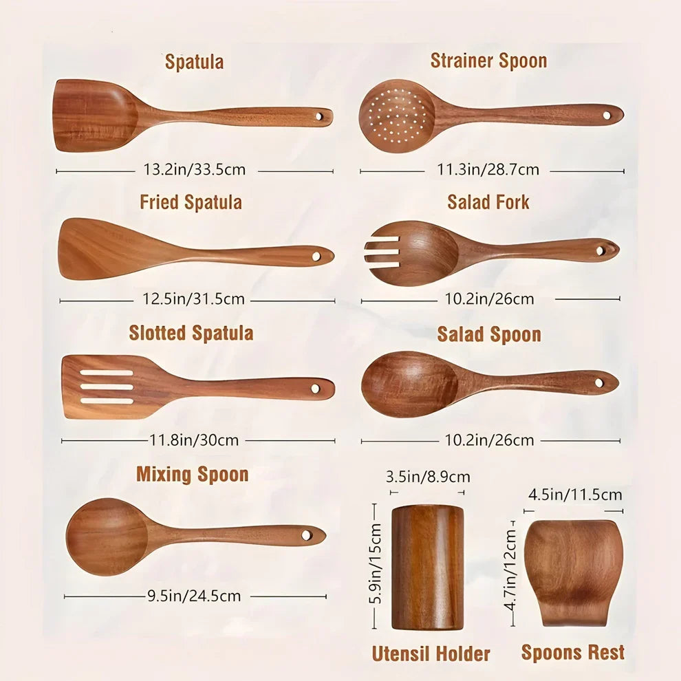 Elegant Teak Wood Cooking Utensil Collection - 9 Piece Set