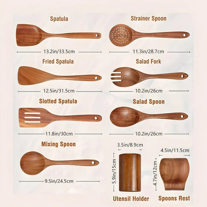 Elegant Teak Wood Cooking Utensil Collection - 9 Piece Set