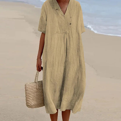 Breezy Midi Dress with V-Neck and Relaxed Fit, Short Sleeves