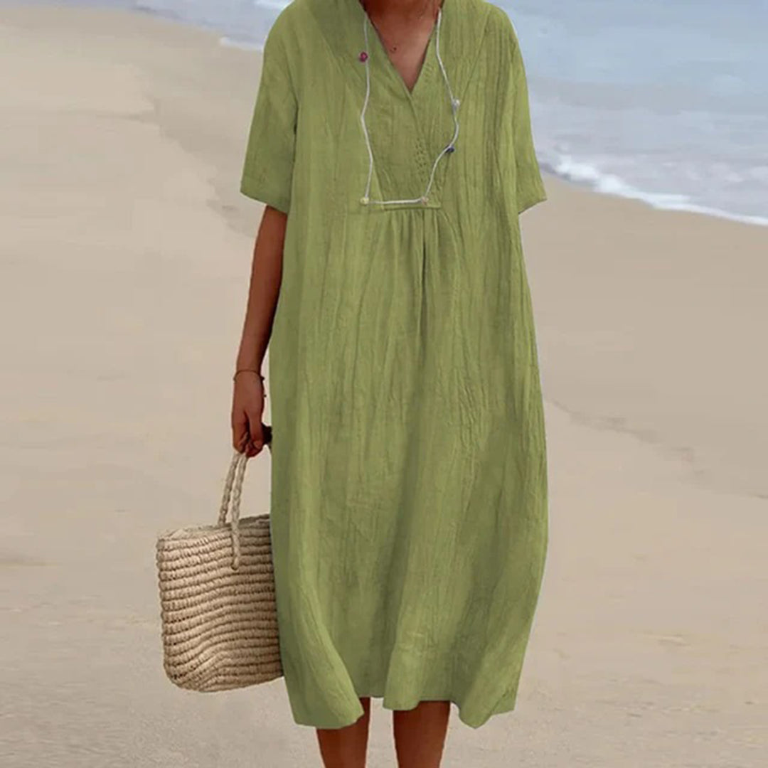 Breezy Midi Dress with V-Neck and Relaxed Fit, Short Sleeves