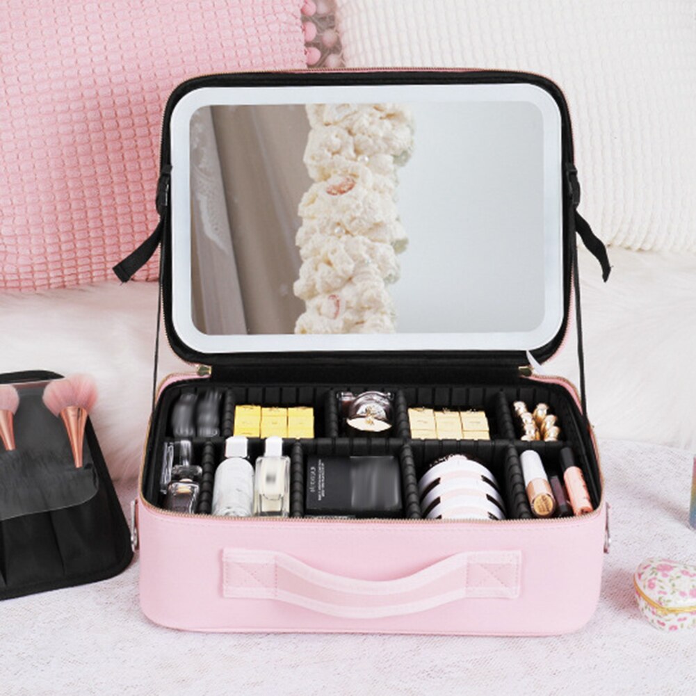 Versatile Makeup Storage Case with Adjustable LED Mirror