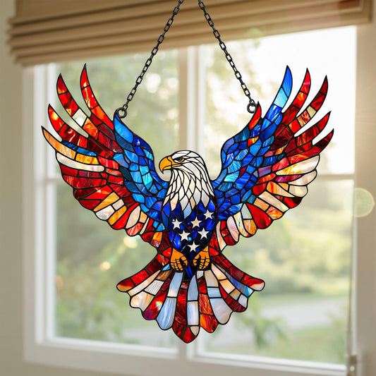 Vibrant Eagle Stained Glass Window Panel with Chain