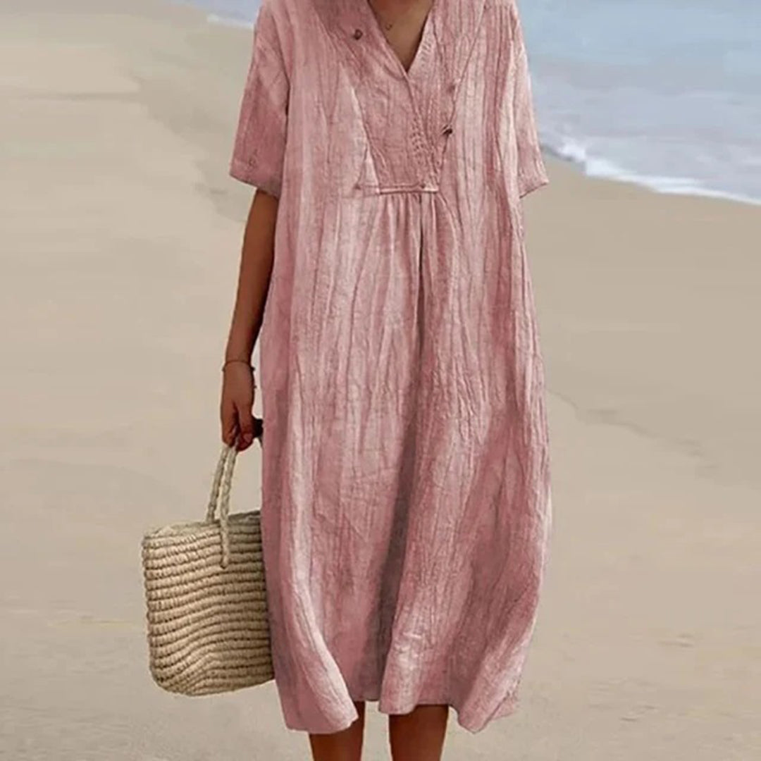 Breezy Midi Dress with V-Neck and Relaxed Fit, Short Sleeves