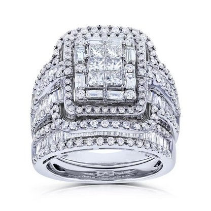 Elegant Bridal Ring Duo Featuring Square Stone and Halo Accents