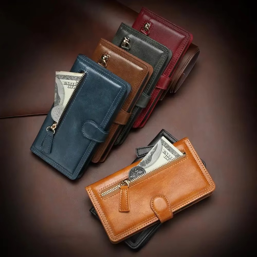 Smart Leather Wallet Case with Zip Closure and Stand Function