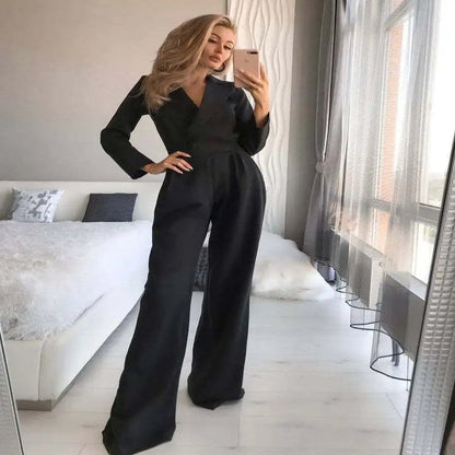 Effortless Elegance: Long Sleeve Jumpsuit with V Neck and Back Zip