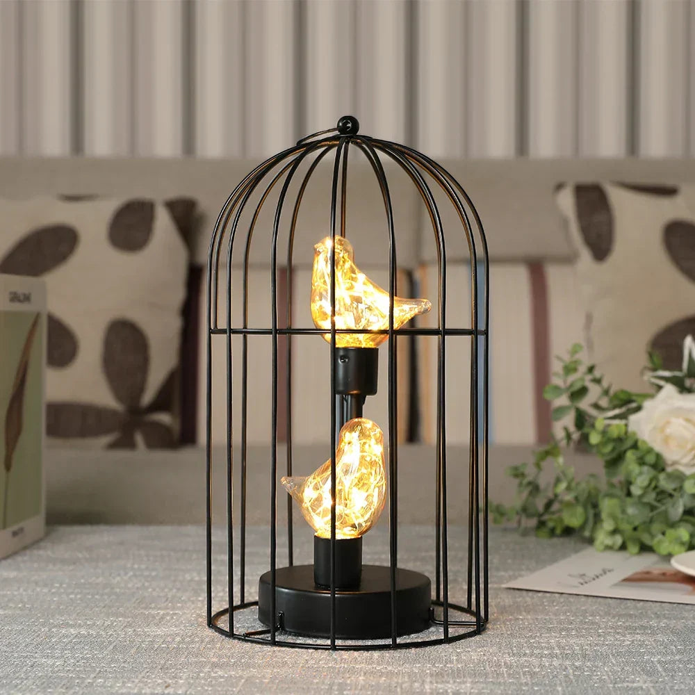 Charming LED Table Lamp with Vintage Birdcage Design