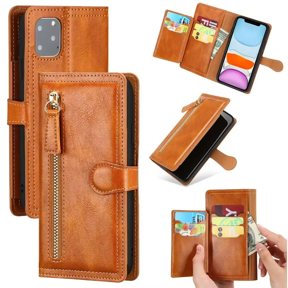 Smart Leather Wallet Case with Zip Closure and Stand Function