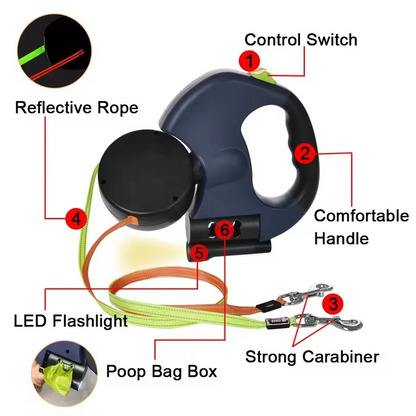 Smart Dual Dog Leash with LED Light and Waste Bag Holder