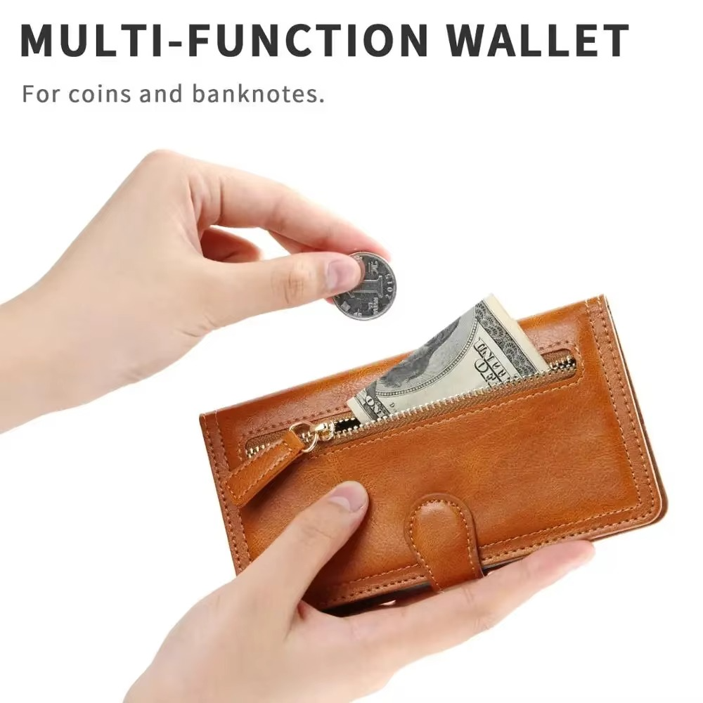 Smart Leather Wallet Case with Zip Closure and Stand Function