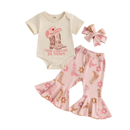 Charming Western Baby Outfit Set with Floral Pants & Bow Headband