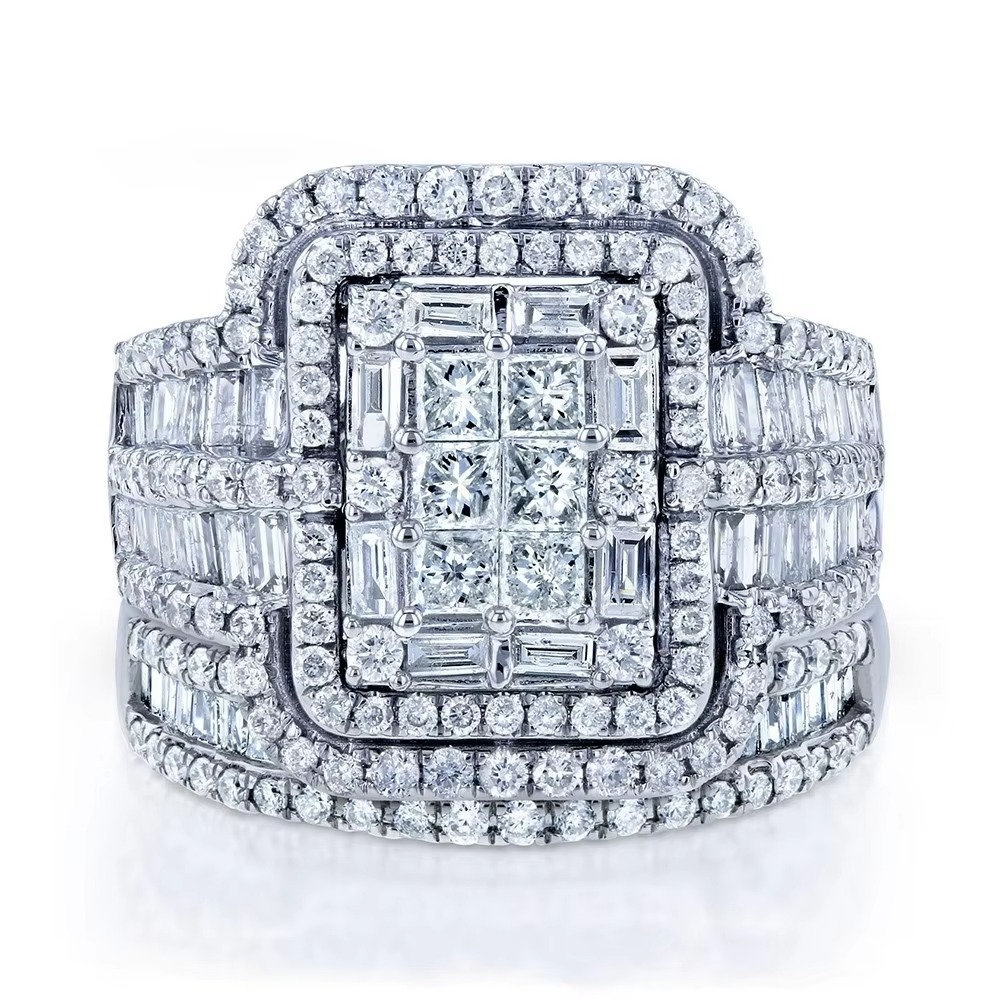 Elegant Bridal Ring Duo Featuring Square Stone and Halo Accents