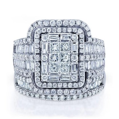 Elegant Bridal Ring Duo Featuring Square Stone and Halo Accents