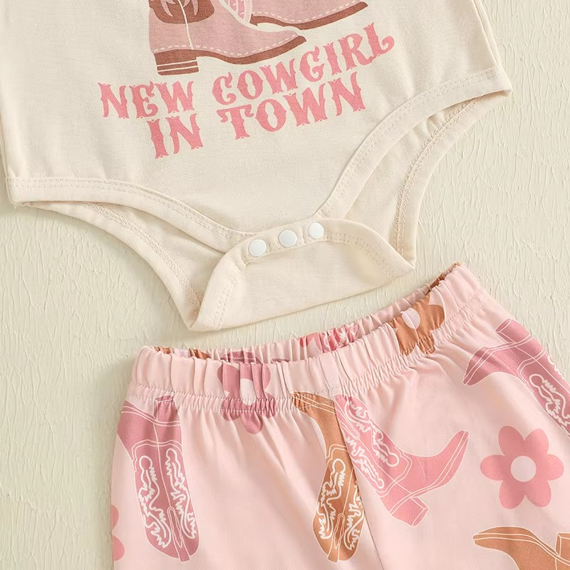 Charming Western Baby Outfit Set with Floral Pants & Bow Headband