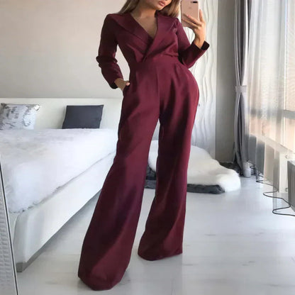 Effortless Elegance: Long Sleeve Jumpsuit with V Neck and Back Zip
