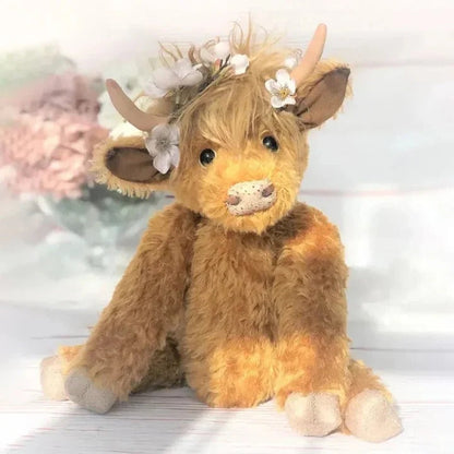 Charming Artisan Plush Highland Cow with Floral Accents