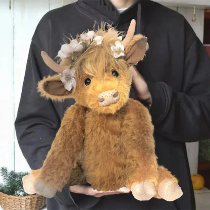 Charming Artisan Plush Highland Cow with Floral Accents