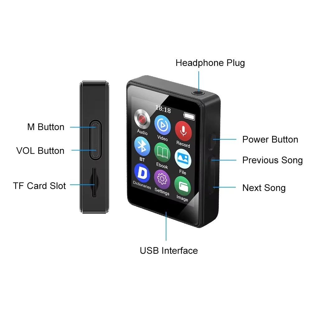 Compact Bluetooth Music Player with LED Display & Video Playback