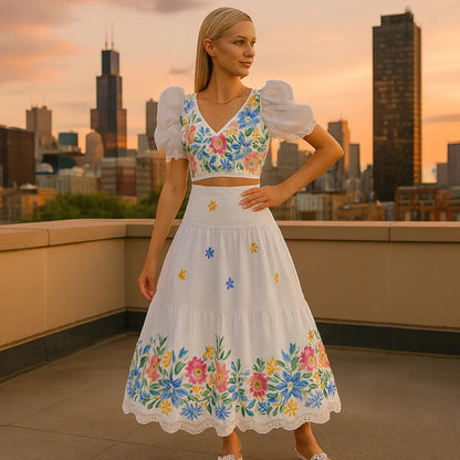 Chic Floral Ensemble with Puff Sleeve Crop Top & High Waist Skirt