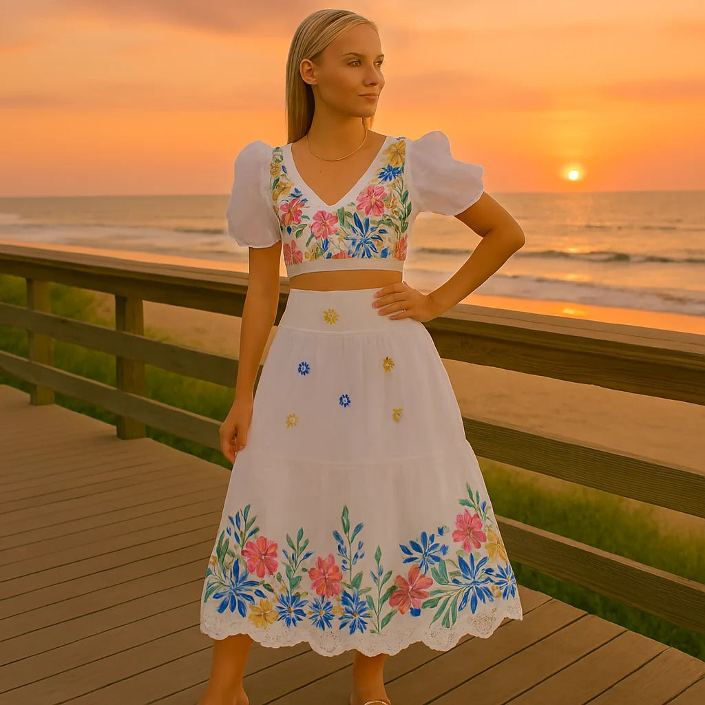 Chic Floral Ensemble with Puff Sleeve Crop Top & High Waist Skirt