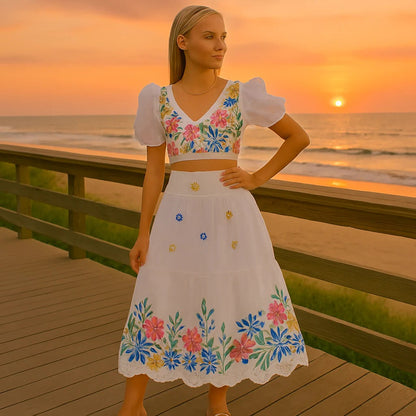 Chic Floral Ensemble with Puff Sleeve Crop Top & High Waist Skirt