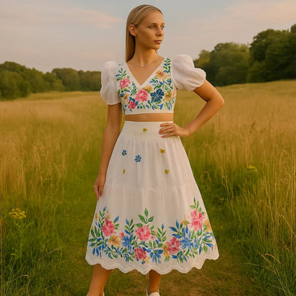 Chic Floral Ensemble with Puff Sleeve Crop Top & High Waist Skirt