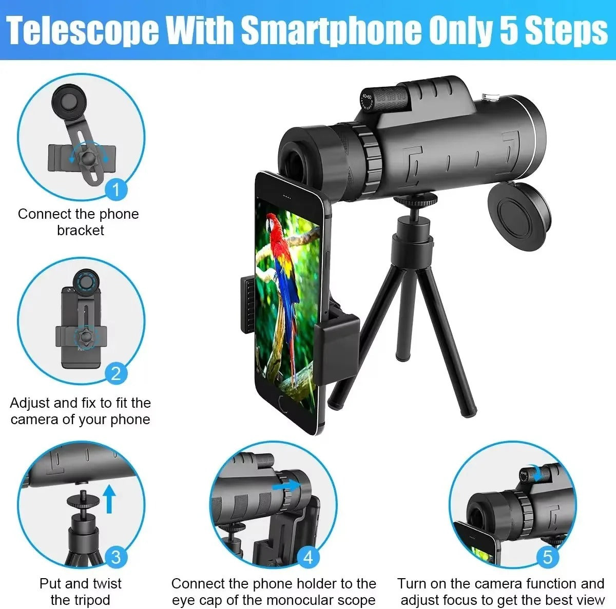 Versatile Monocular Telescope for Nature Lovers, 40x60 Zoom with Smartphone Adapter
