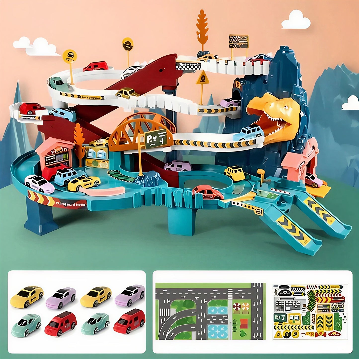 Jurassic Adventure Race Track Set with 8 Cars and Features