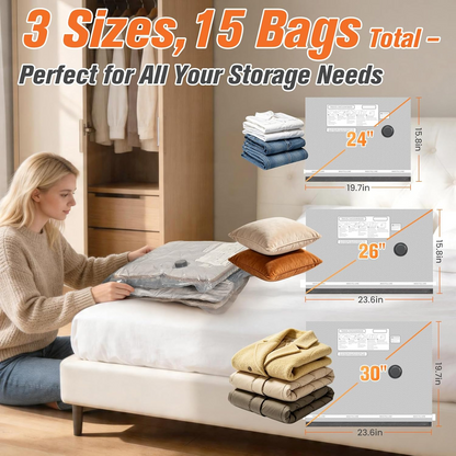 Space-Saving Vacuum Storage Bags with Cordless Pump, 15-Piece Set