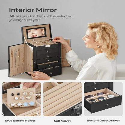 Elegant Jewelry Storage with Six Levels and a Flip-Up Mirror