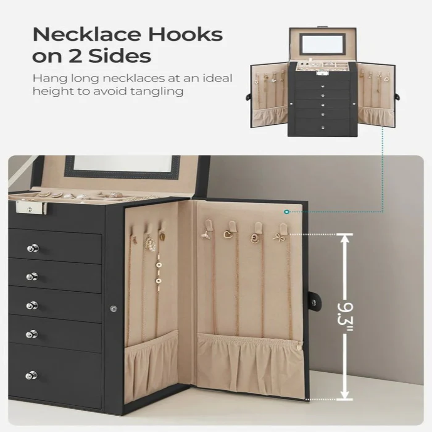 Elegant Jewelry Storage with Six Levels and a Flip-Up Mirror