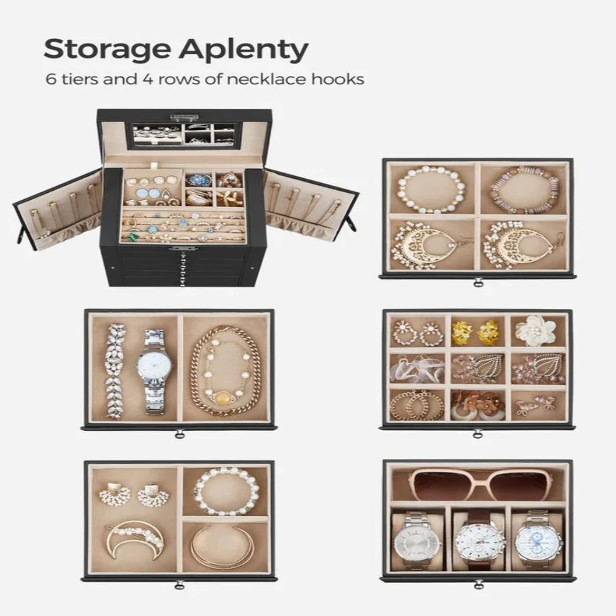 Elegant Jewelry Storage with Six Levels and a Flip-Up Mirror