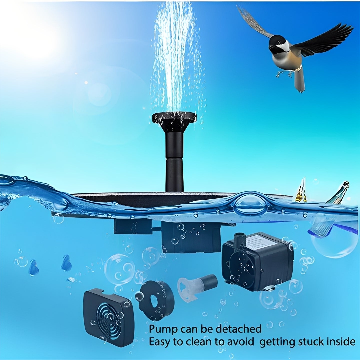 Solar-Powered Floating Fountain for Birdbaths and Ponds