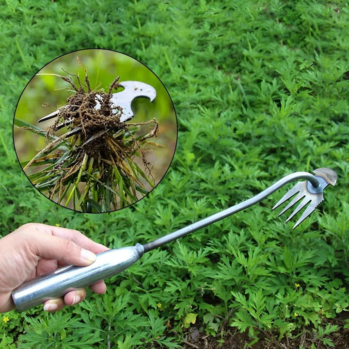 ErgoWeed Precision Hand Tool with Four Steel Tines for Lawn Care