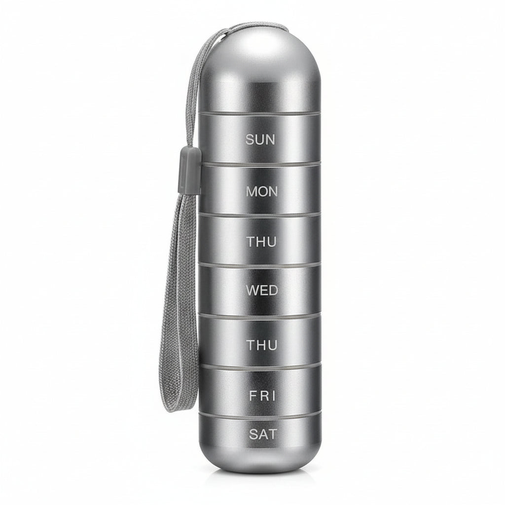 Compact Aluminum Pill Organizer with 7 Sections for Travel