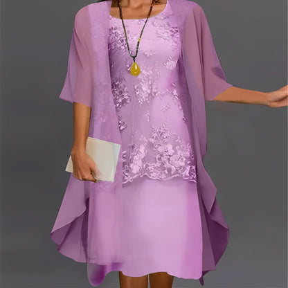 Elegant Two-Piece Chiffon Ensemble with Lace Top