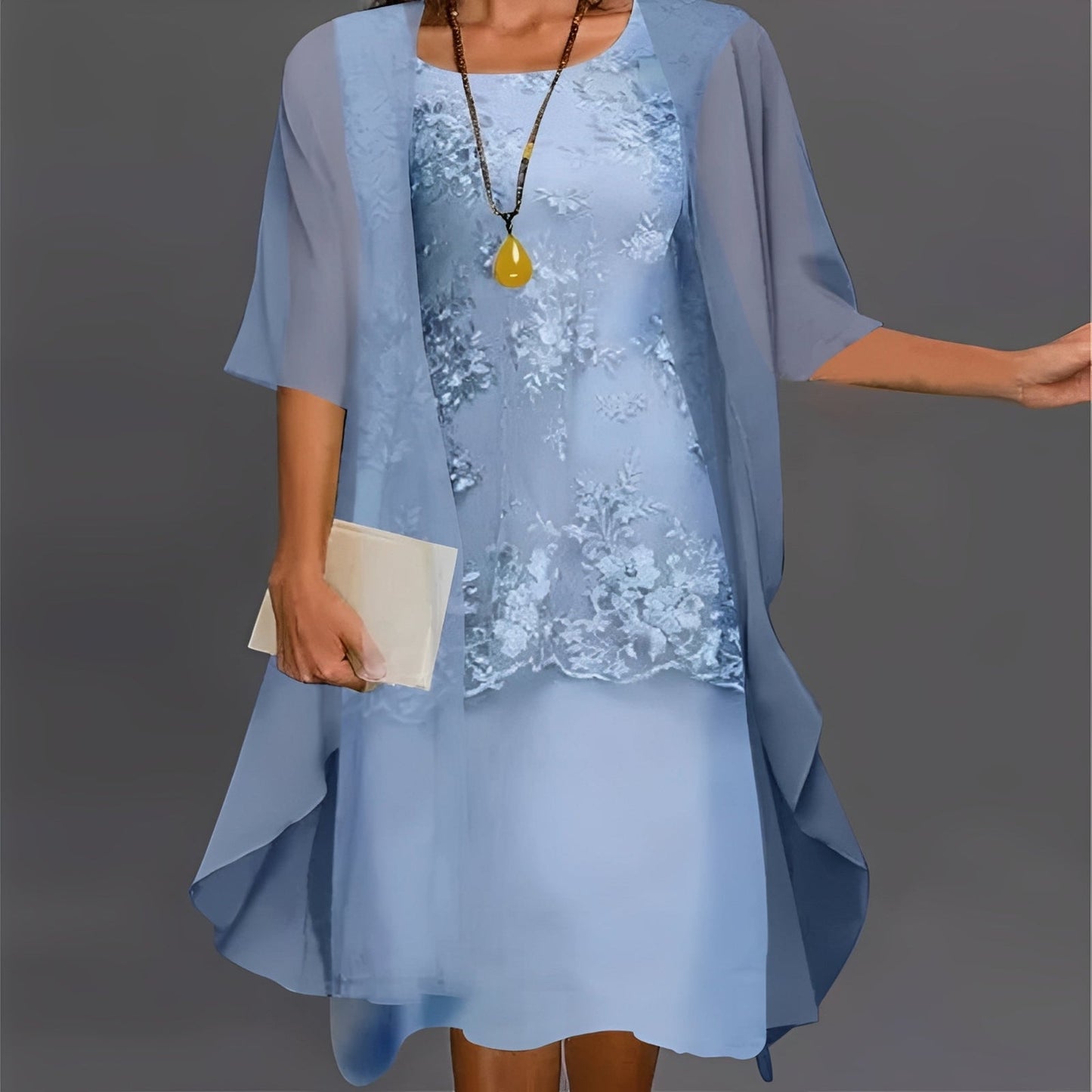 Elegant Two-Piece Chiffon Ensemble with Lace Top