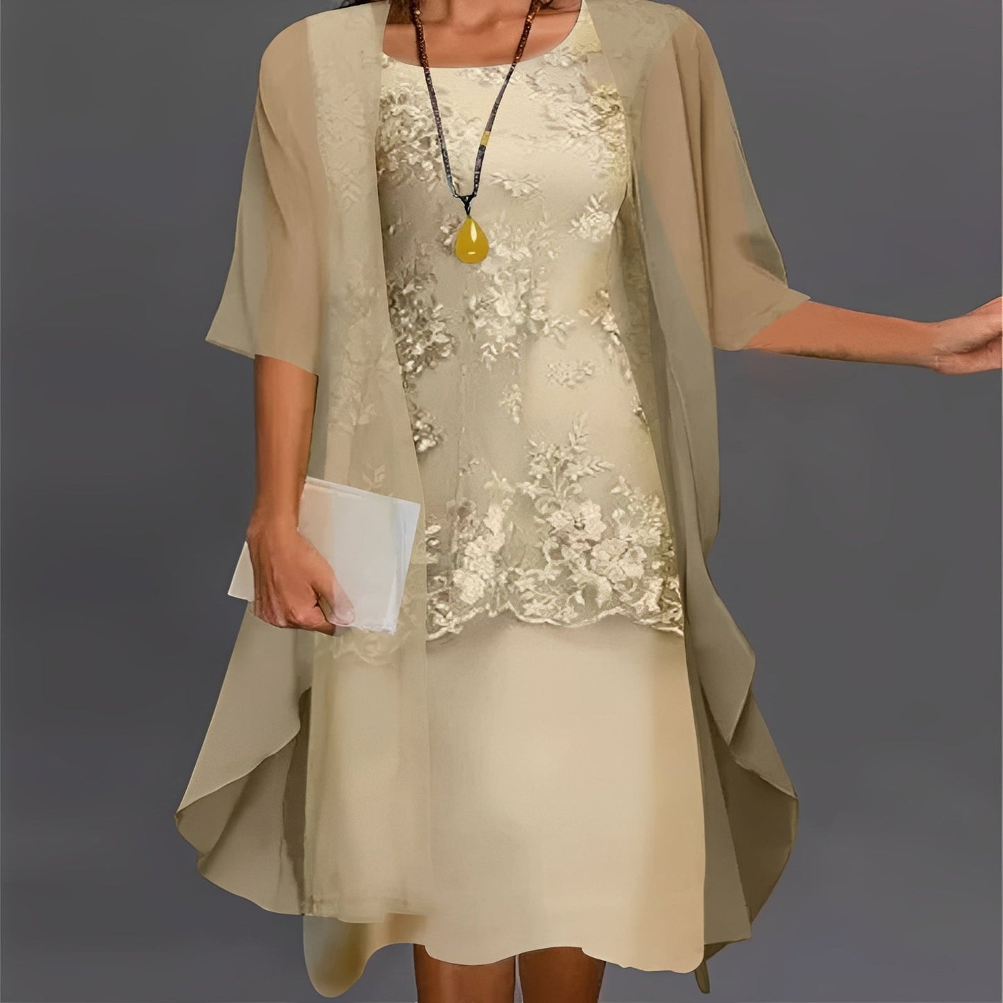 Elegant Two-Piece Chiffon Ensemble with Lace Top