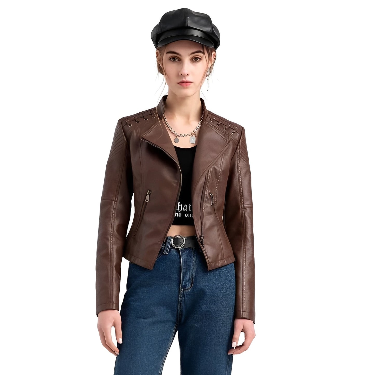 Chic Women’s Leather Jacket with Concealed Zipper