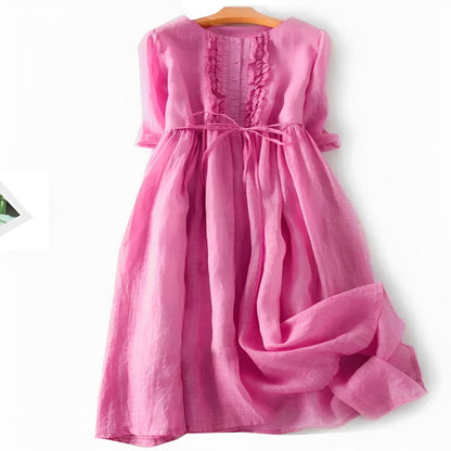 Breezy Linen Blend Dress with Charming Ruffles for Women