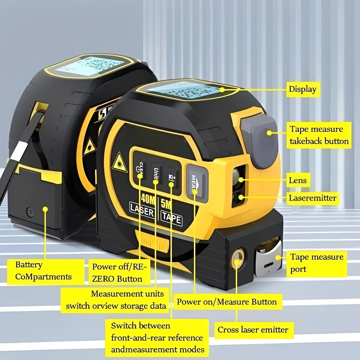 Precision Laser Distance Measuring Tool with Dual Tape Functionality