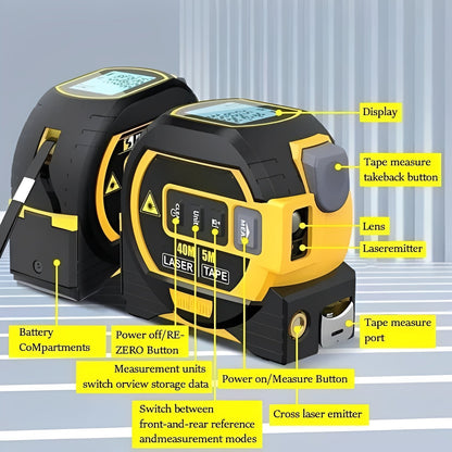 Precision Laser Distance Measuring Tool with Dual Tape Functionality