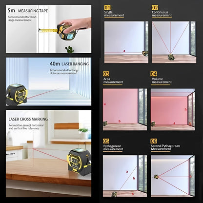 Precision Laser Distance Measuring Tool with Dual Tape Functionality