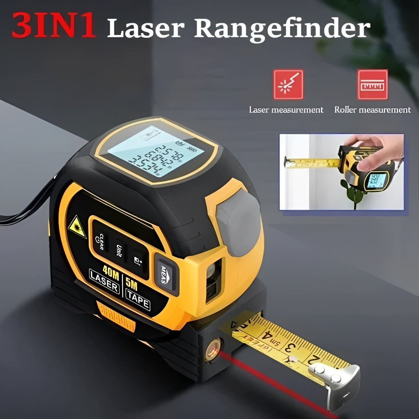 Precision Laser Distance Measuring Tool with Dual Tape Functionality