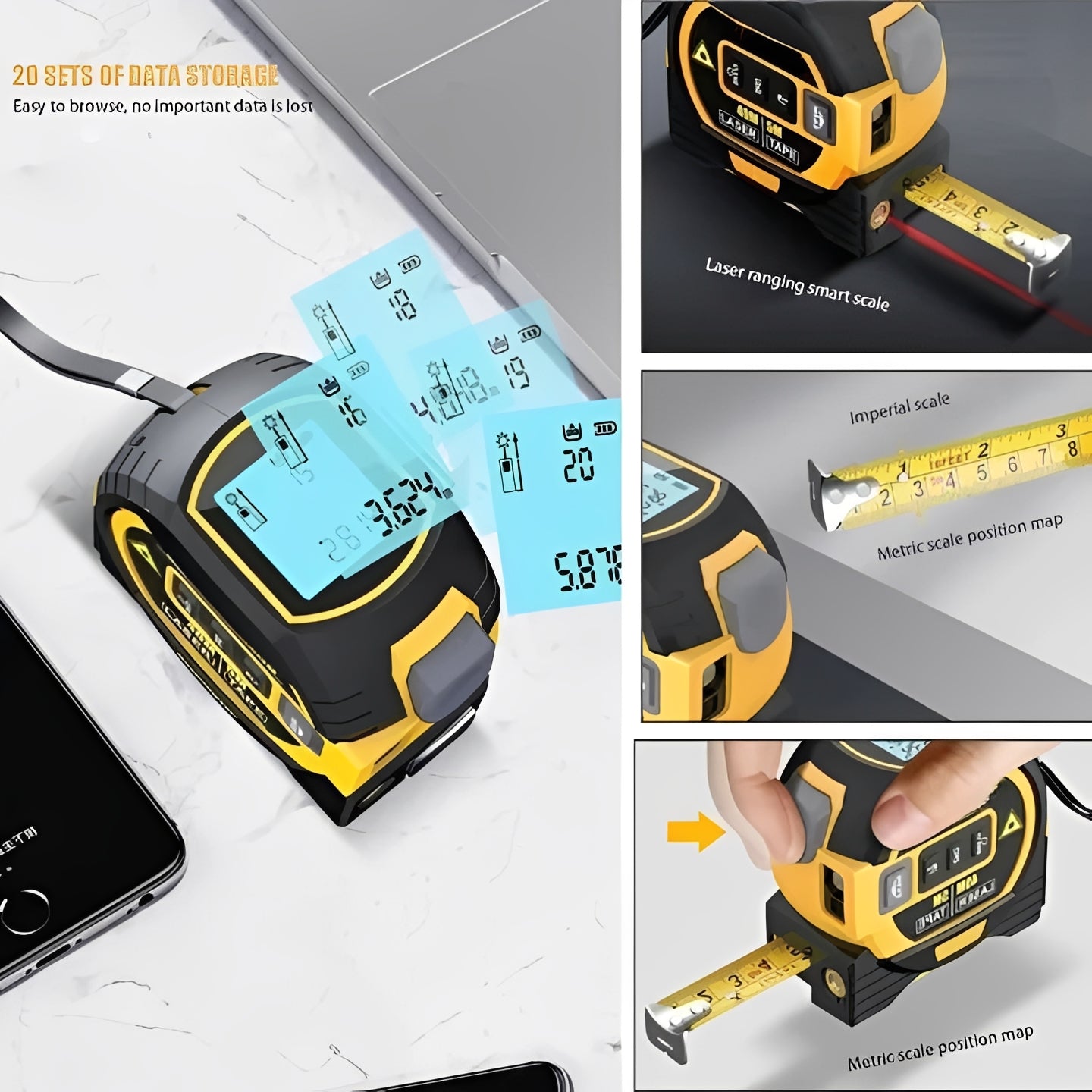 Precision Laser Distance Measuring Tool with Dual Tape Functionality
