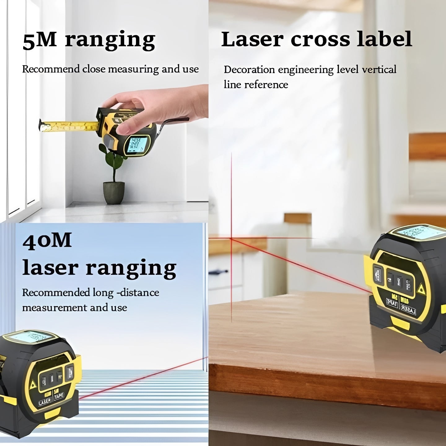 Precision Laser Distance Measuring Tool with Dual Tape Functionality