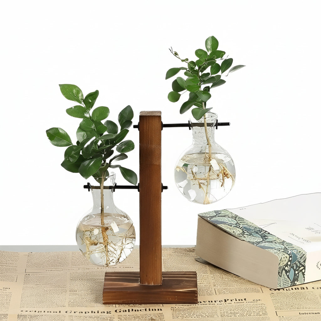 Elegant Hydroponic Plant Holder with Wooden Design