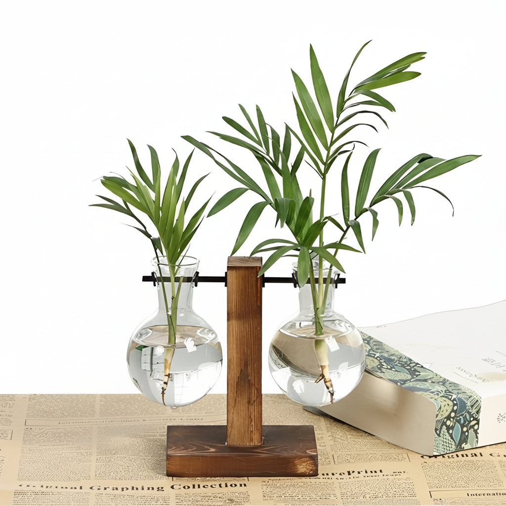 Elegant Hydroponic Plant Holder with Wooden Design