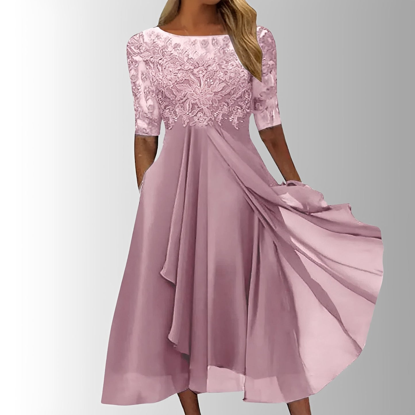 Chic Lace Midi Dress with Flowing Skirt for Every Occasion